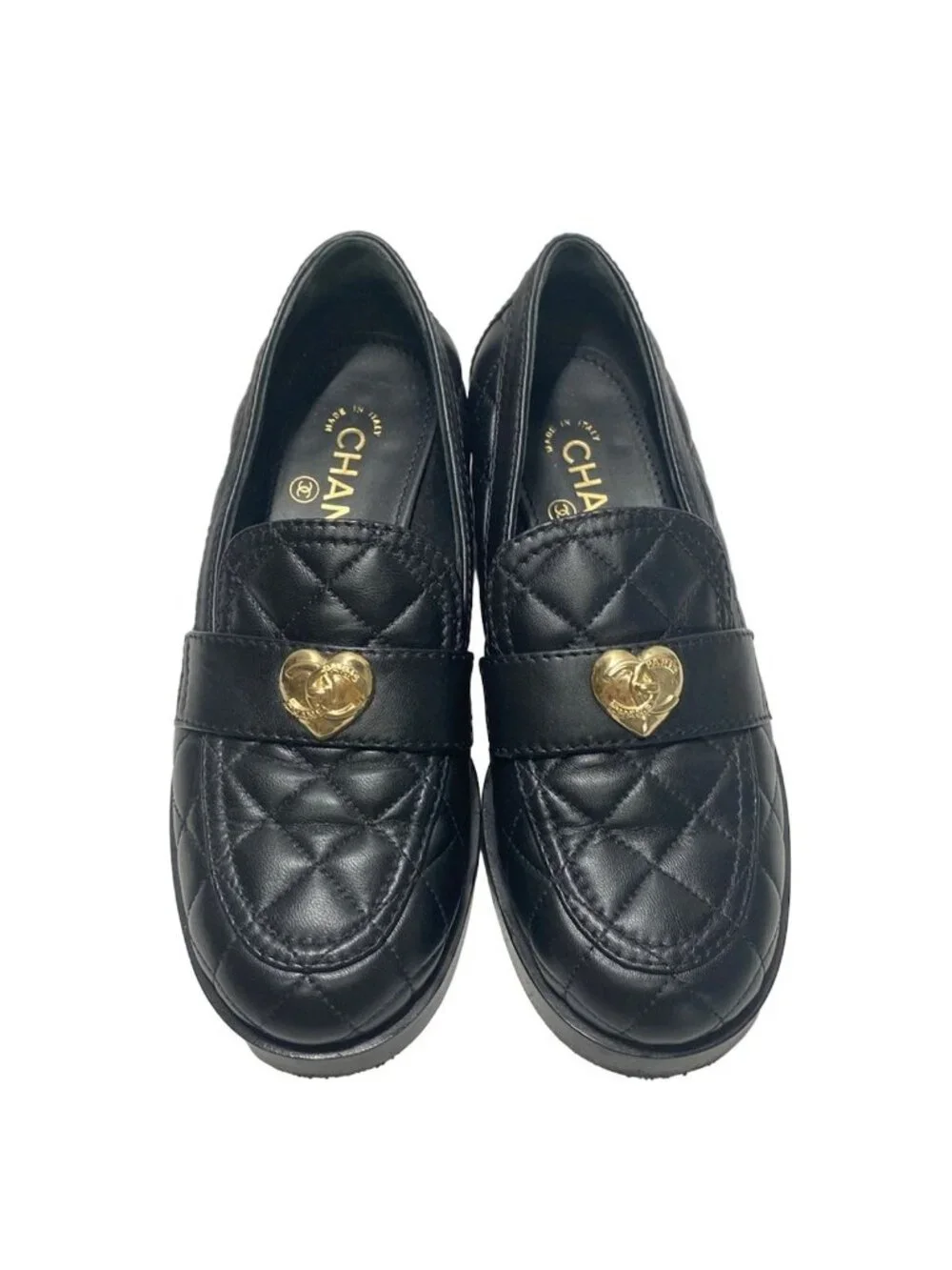Chanel Loafers Quilted Black Heart Turnlock Gold Platforms